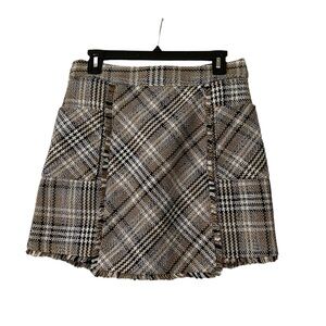 Goodnight Macaroon Tan & Black Tweed Plaid A-Line Mini Skirt Size Large